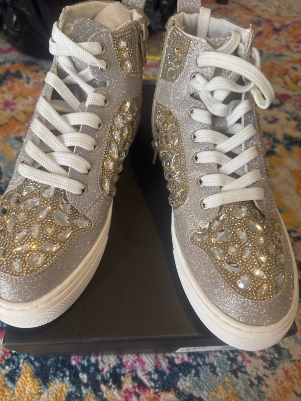 Betsey Johnson Silver Glitter Jeweled High-Top Sneakers. NWOT